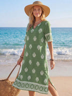 Vestido Midi Decote V Com Estampa Étnica Estilo Resort