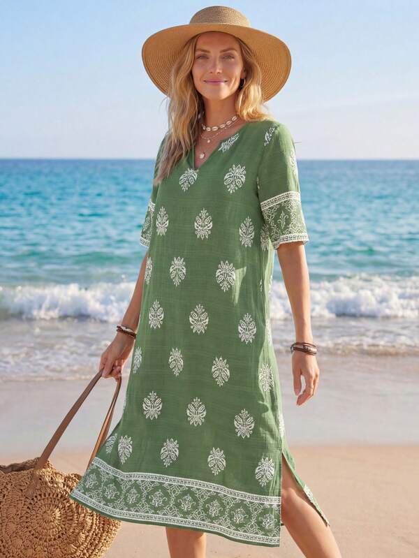 Vestido Midi Decote V Com Estampa Étnica Estilo Resort
