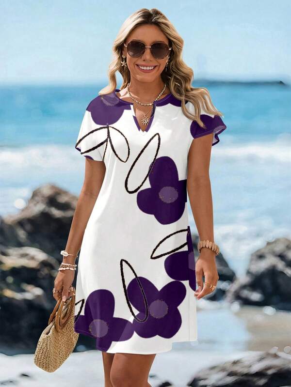 Vestido Curto Decote V Com Estampa Floral Delicada