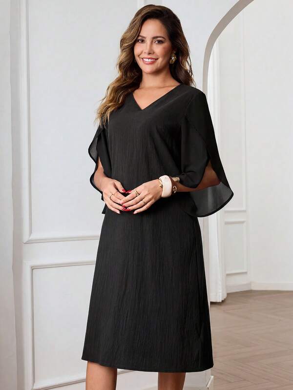 Vestido Midi Decote V Com Manga Fluida E Caimento Solto