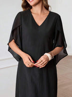Vestido Midi Decote V Com Manga Fluida E Caimento Solto