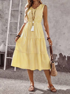 Vestido Midi Evasê Sem Mangas Com Lastex Estilo Romântico