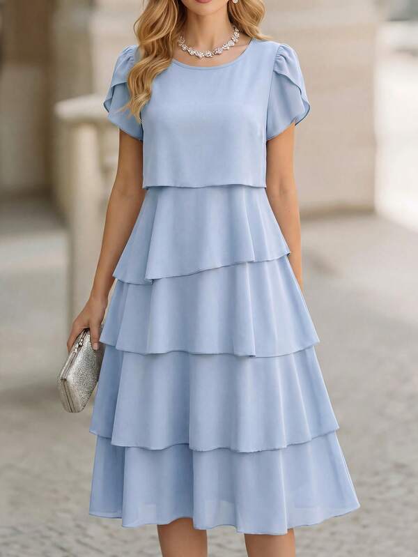 Vestido Midi Com Babados Em Camadas E Manga Curta